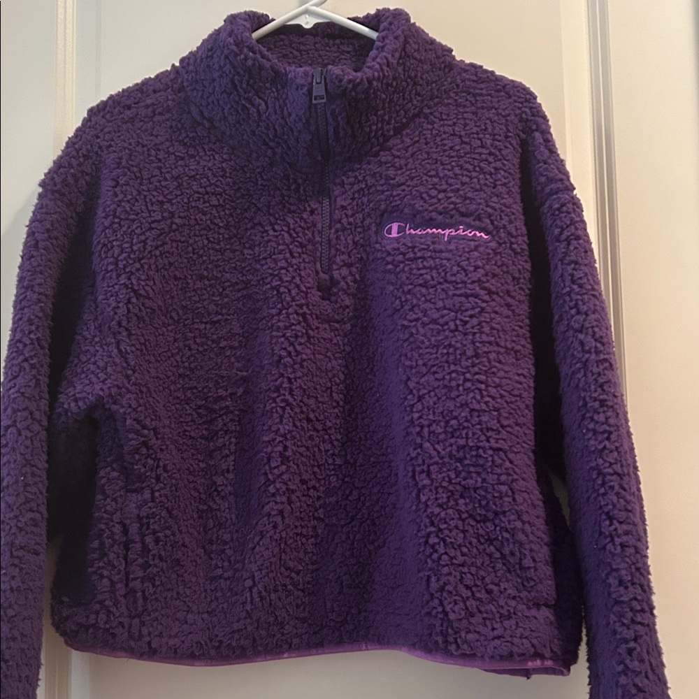 Champion DeepPurple Teddy SherpaCrop 1/4Zip BoxyPullover Jacket embroider logo S